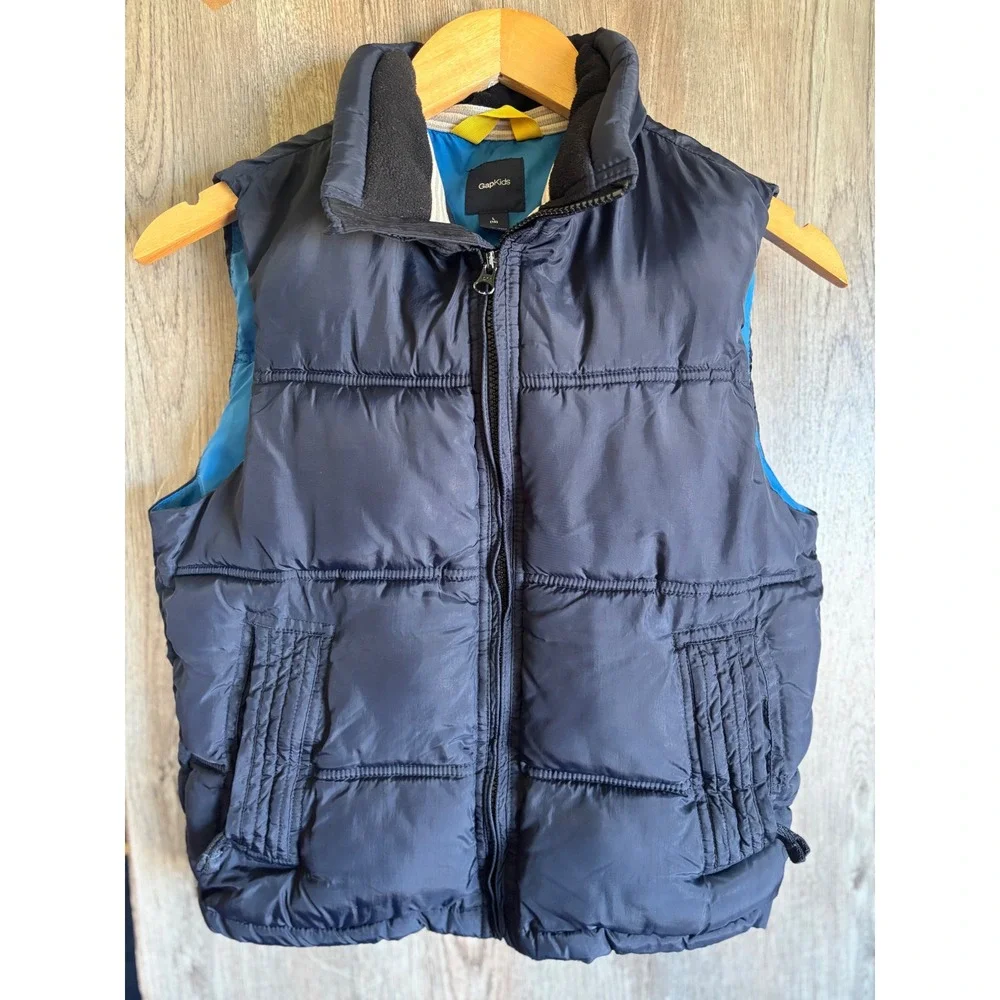 Gap Kids Boys Navy Blue Puffer Vest Quilted Full Zip Fleece Collar Size L 10